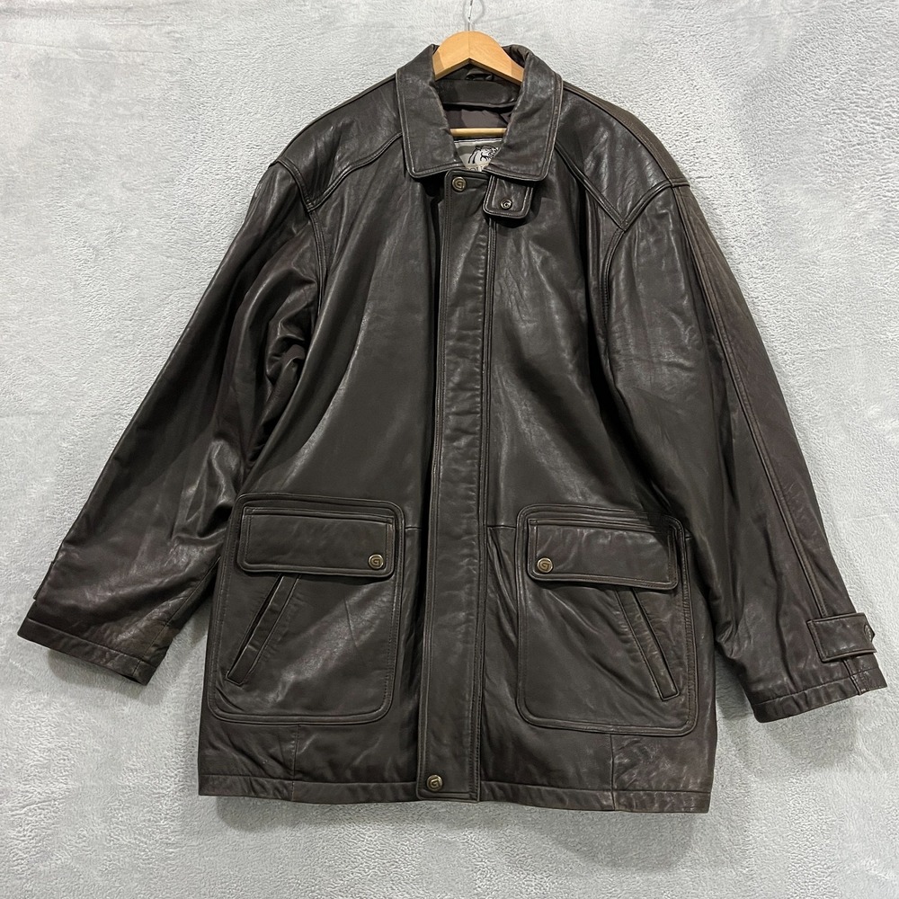 Vintage Cougar Men‎ XL Brown Leather Car Coat Jacket Bomber Field Flap 90s